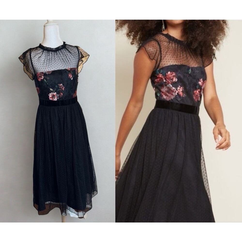 ADRIANNA PAPELL Womens Cocktail Dress Sz 2 Black Tulle Coquette Fairy‎ Romantic
